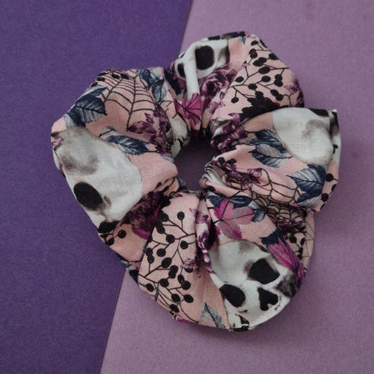 Floral spooky skull themed cotton hair scrunchie