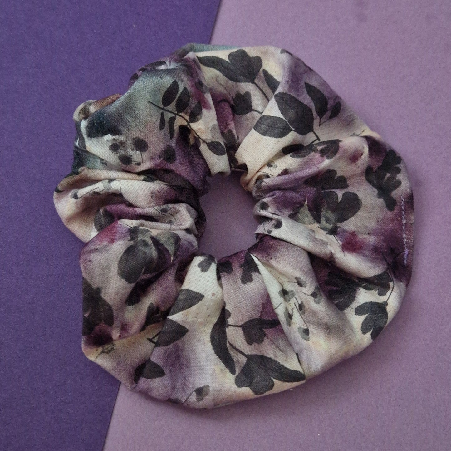 Purple floral watercolour themed cotton hair scrunchie