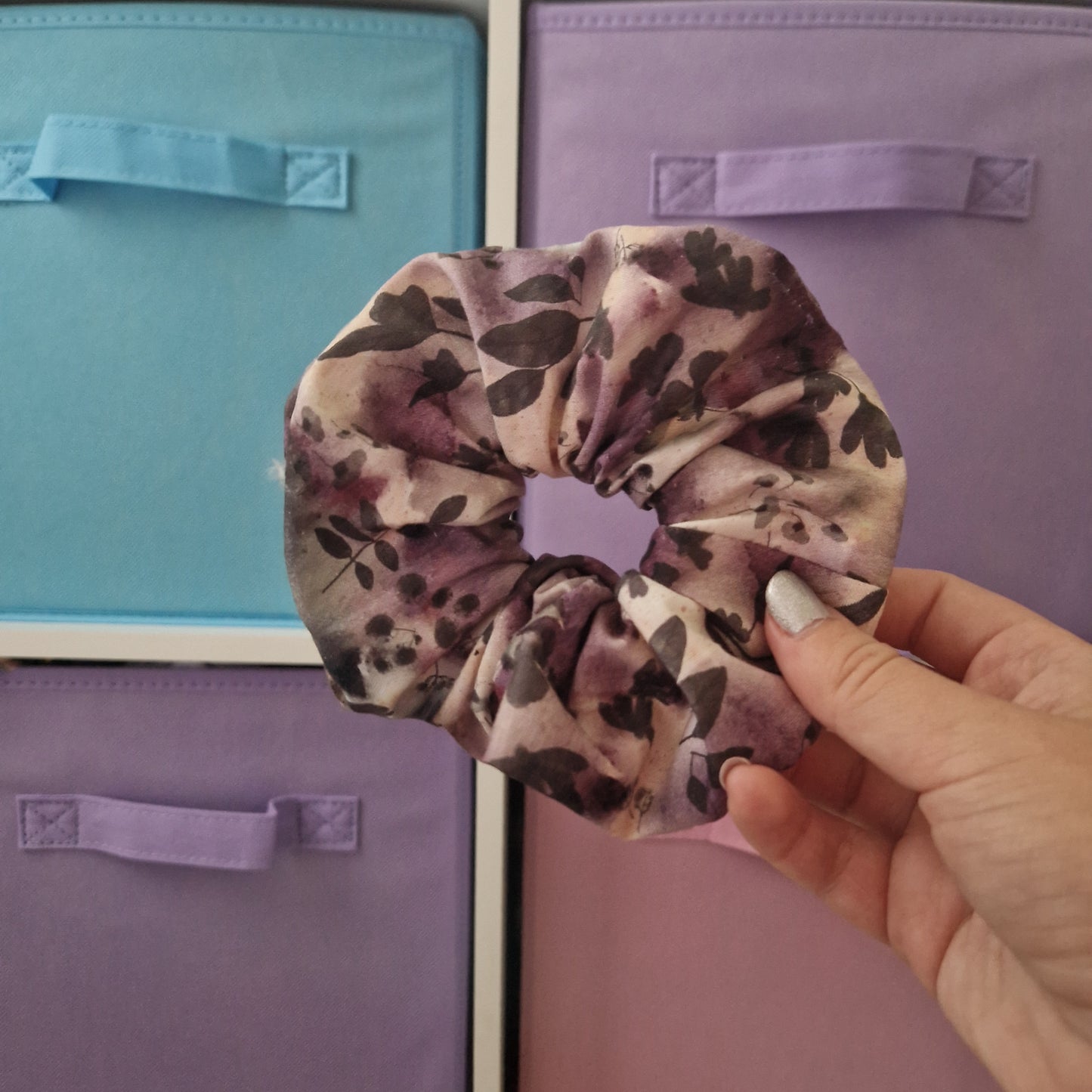 Purple floral watercolour themed cotton hair scrunchie