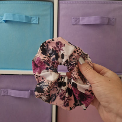 Floral spooky skull themed cotton hair scrunchie