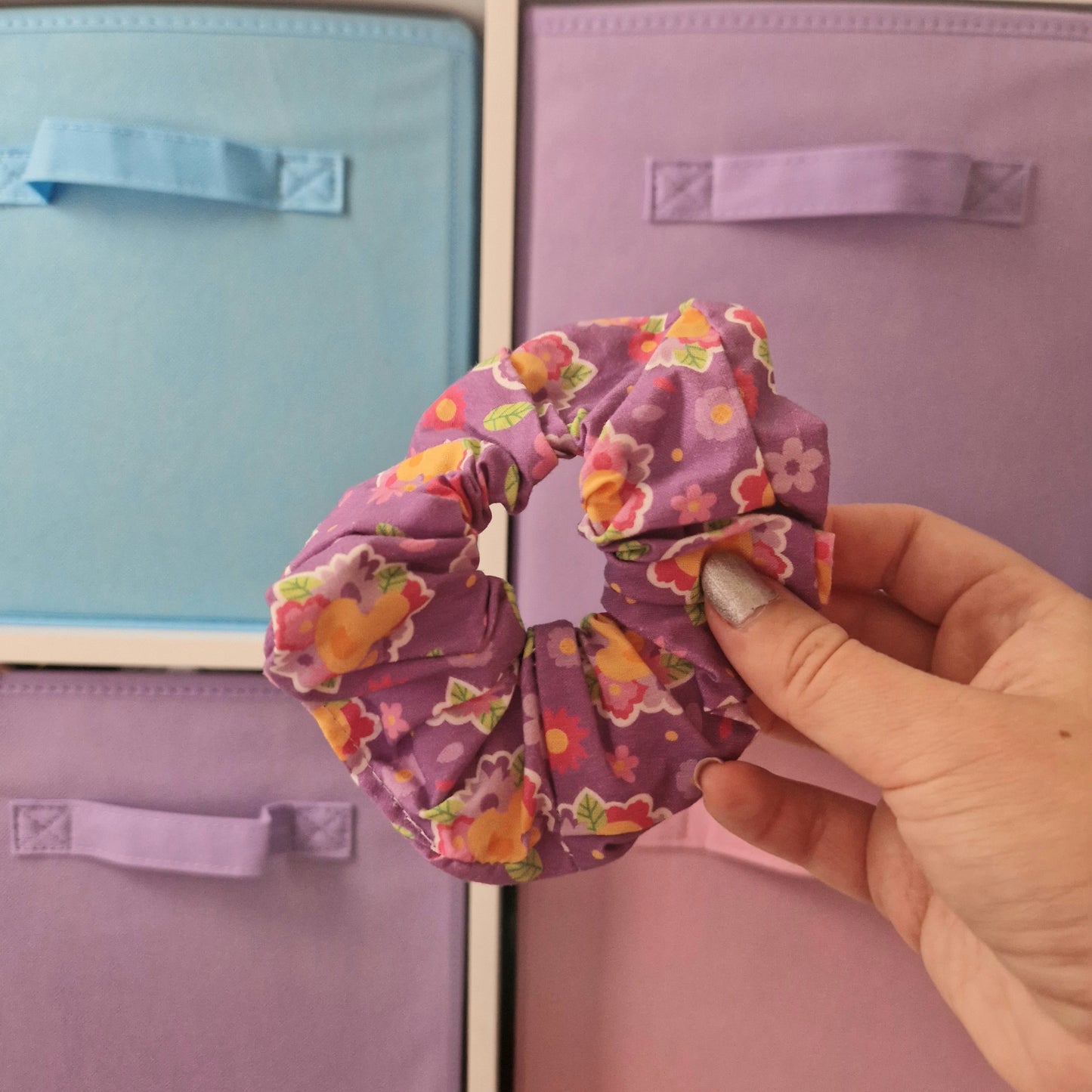 Purple Snuggly Duckling themed cotton hair scrunchie