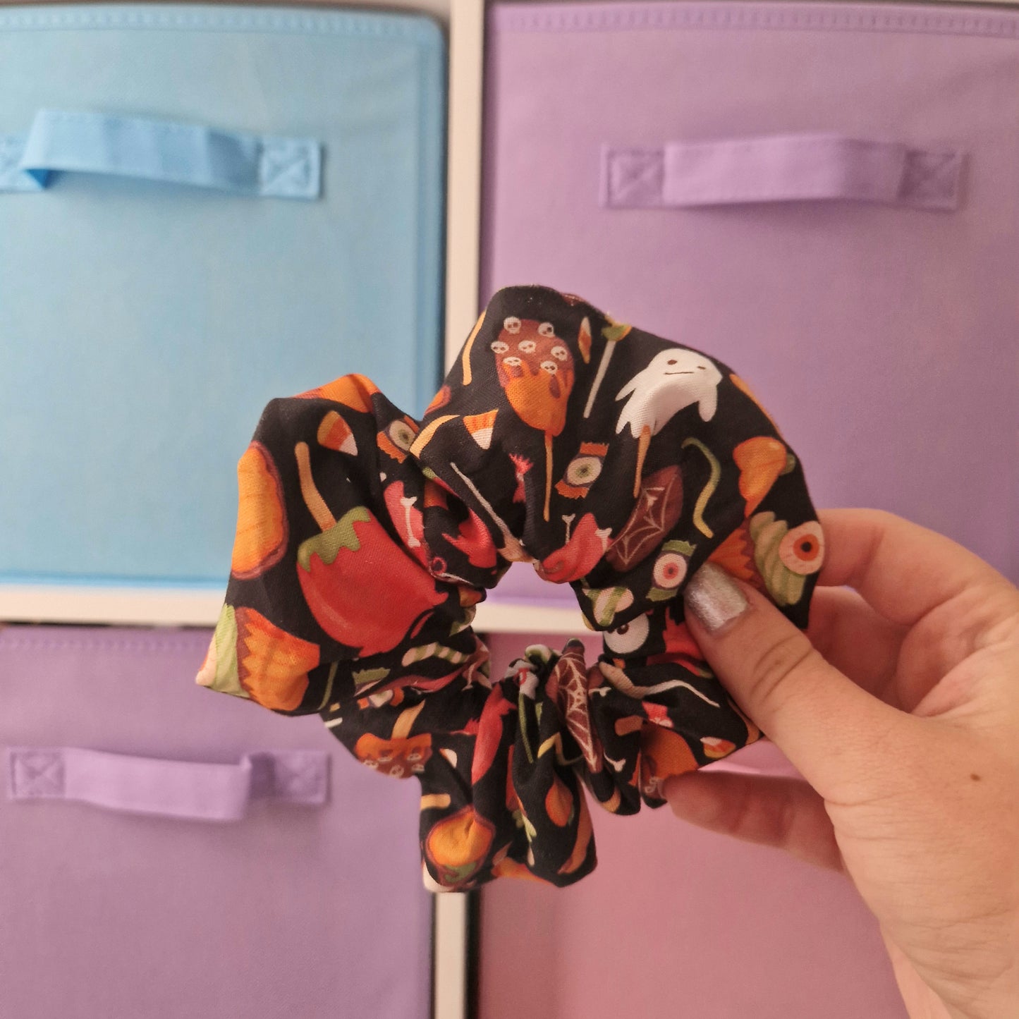 Spooky Halloween trick or treat themed cotton hair scrunchie