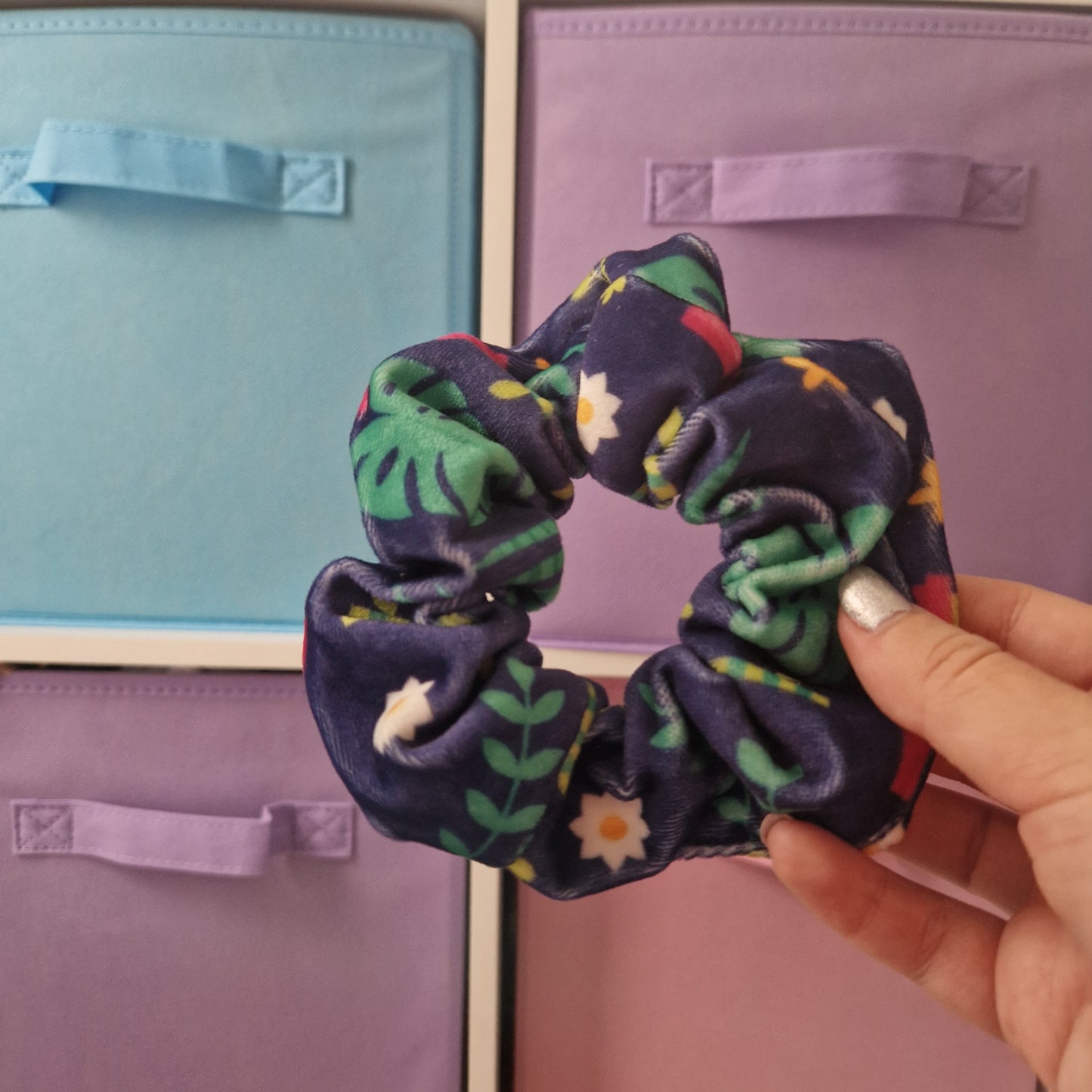 Purple floral themed velvet cotton hair scrunchie