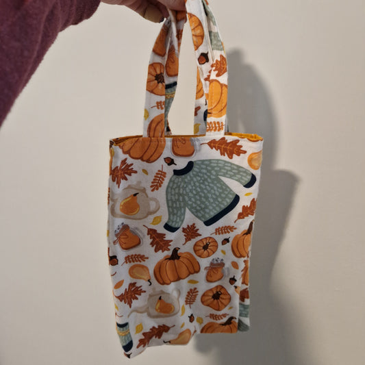 Sweater Weather fabric trick or treat lined tote bag