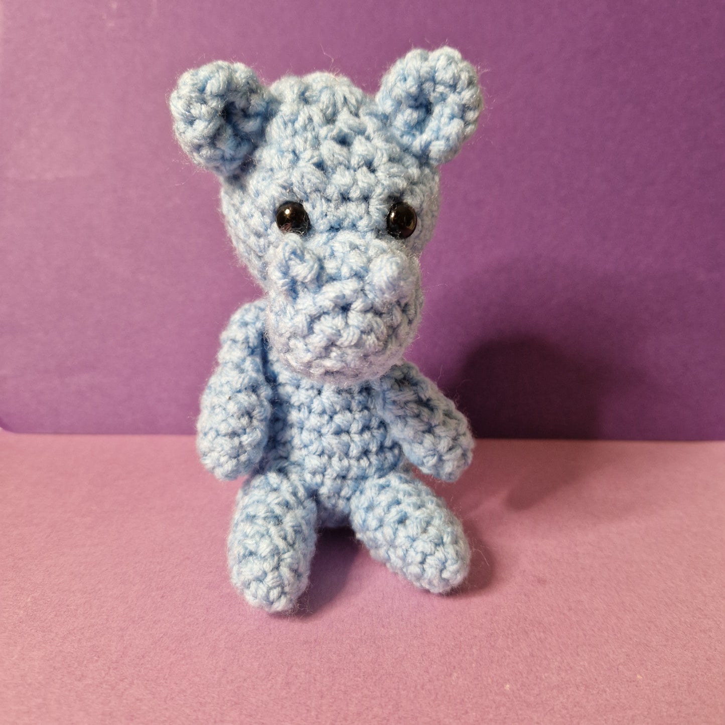 Blue crochet sitting hippo