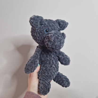 Dark grey sitting hippo crochet plushie