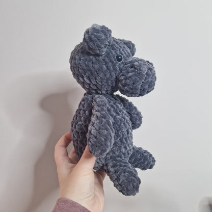 Dark grey sitting hippo crochet plushie