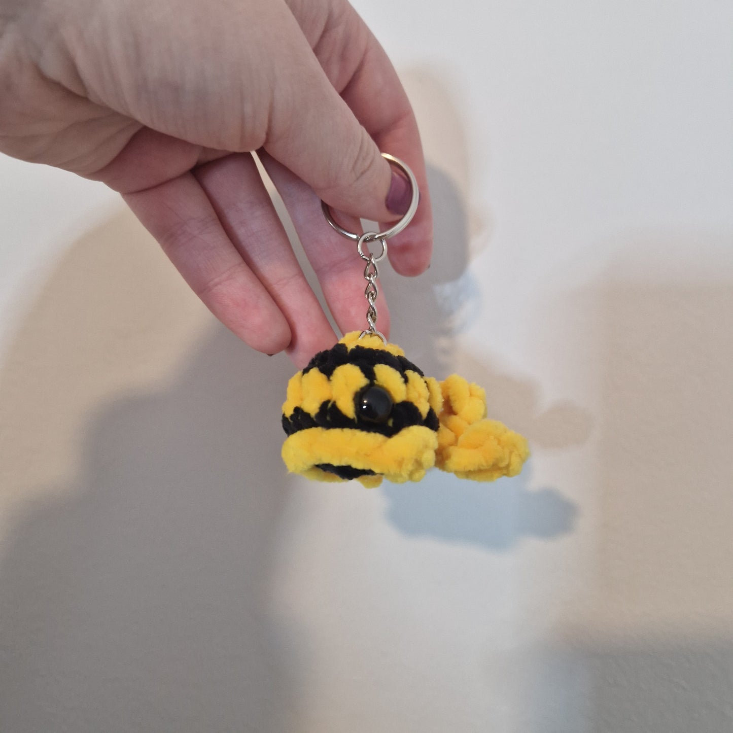 Yellow and black mini whale chenille yarn crochet keyring