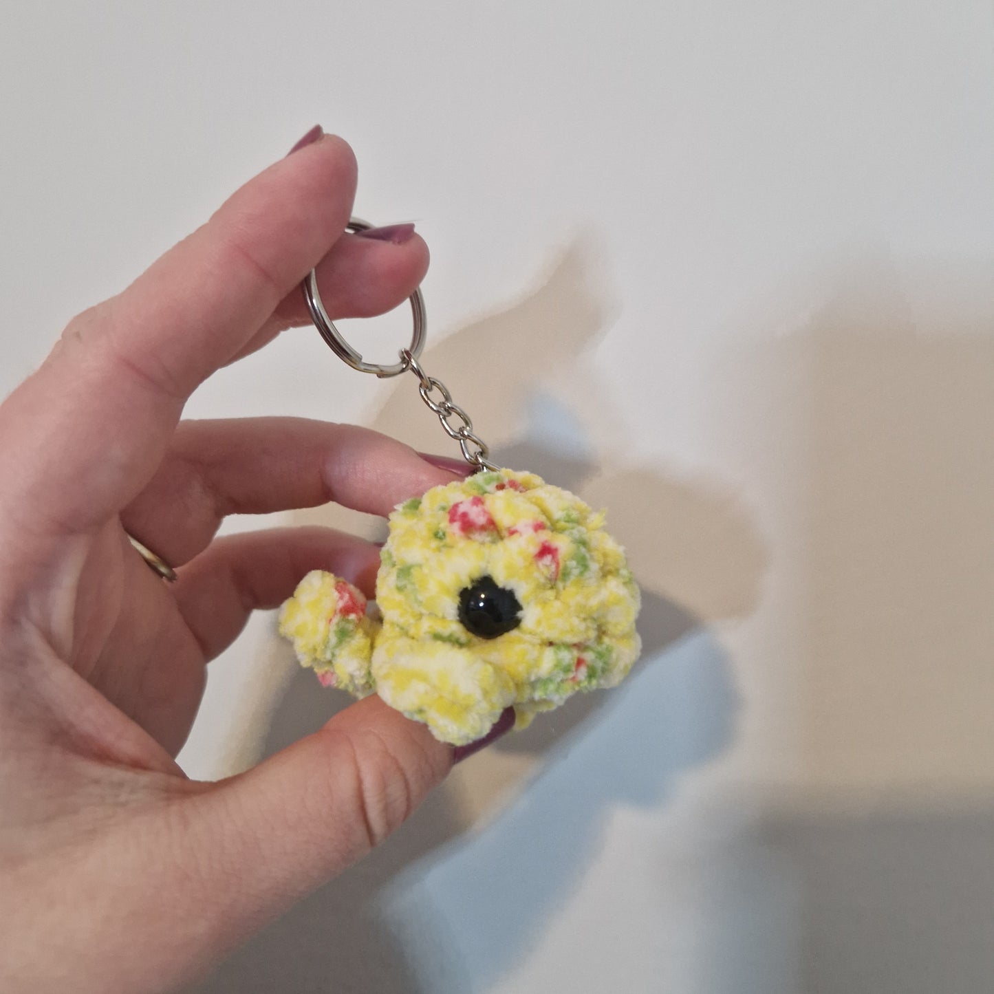 Yellow floral mini whale chenille yarn crochet keyring