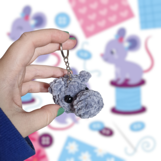 Grey hippo chenille yarn crochet keyring