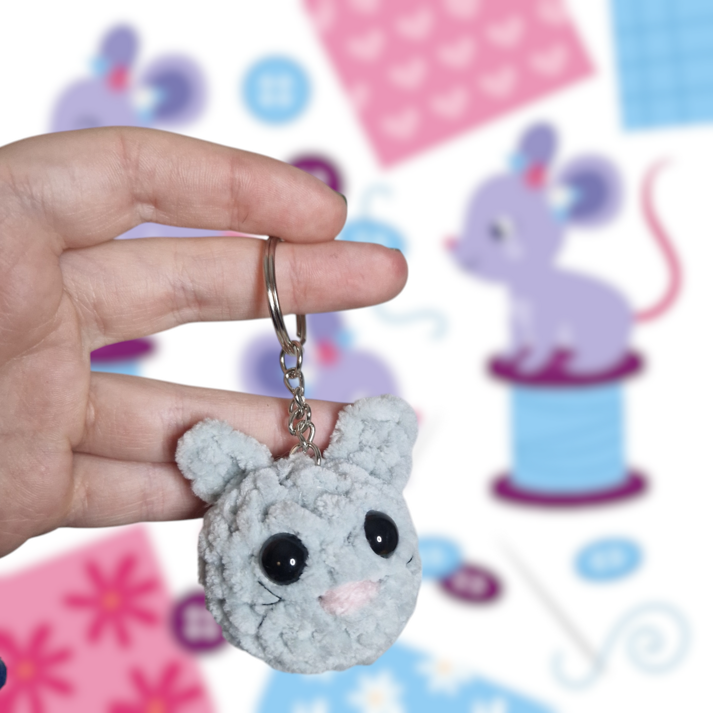 Grey cat chenille yarn crochet keyring