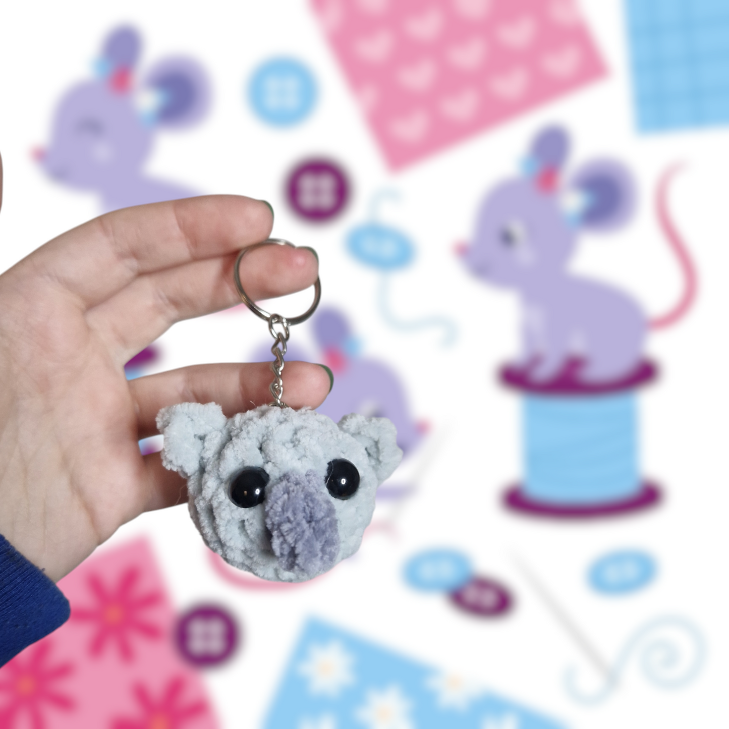 Grey koala chenille yarn crochet keyring