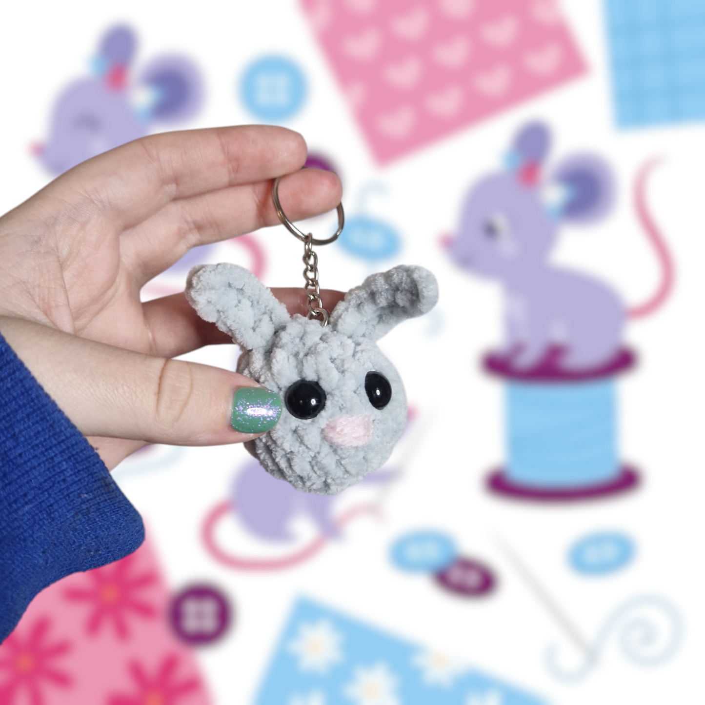 Grey bunny rabbit chenille yarn crochet keyring