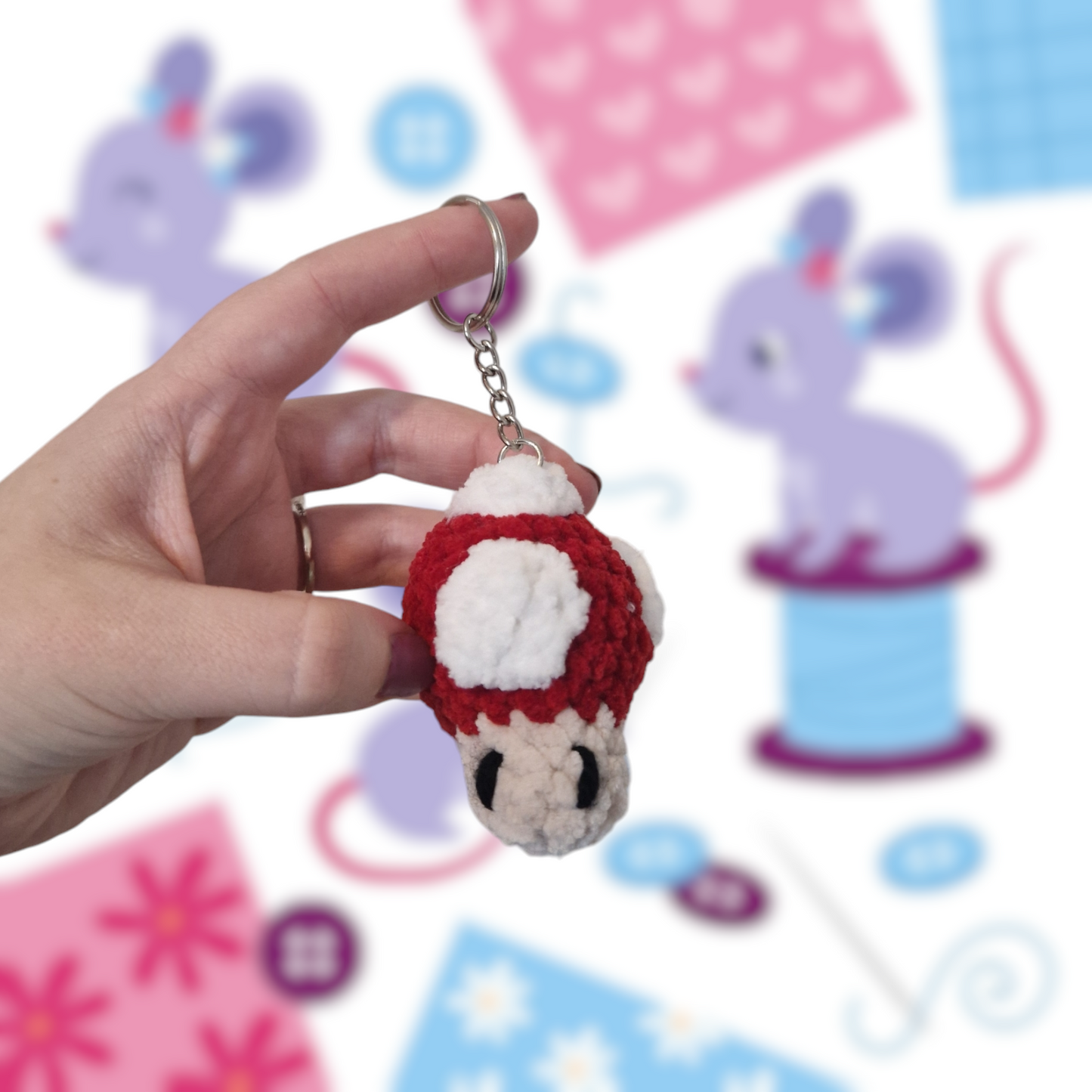 Game mushroom chenille yarn crochet keyring