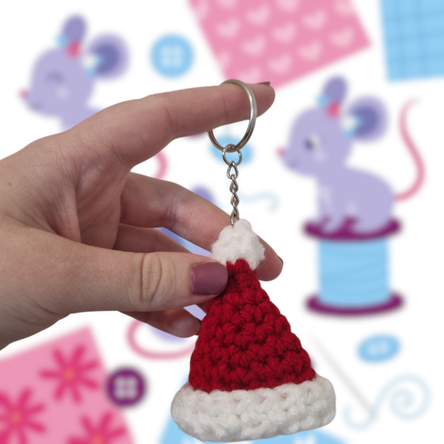 Santa hat chenille yarn crochet keyring