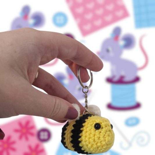 Yellow bumble bee yarn crochet keyring