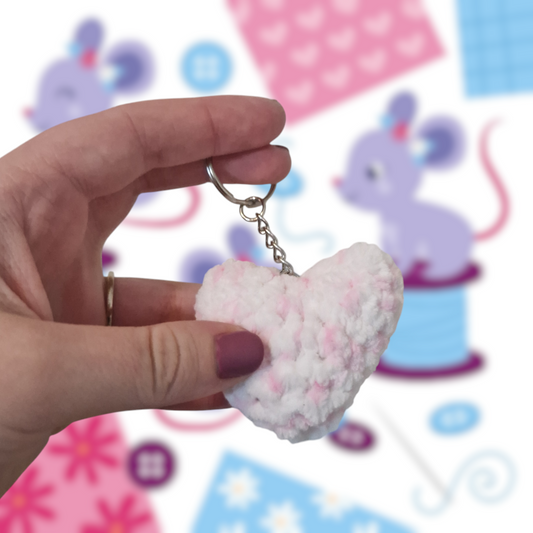 Pink and white heart chenille yarn crochet keyring