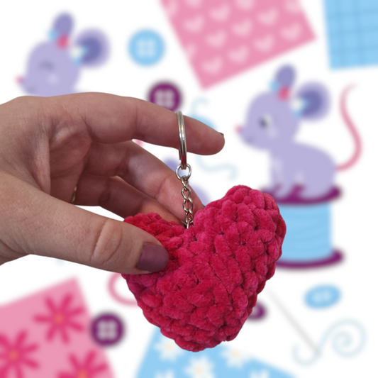 Bright pink heart chenille yarn crochet keyring