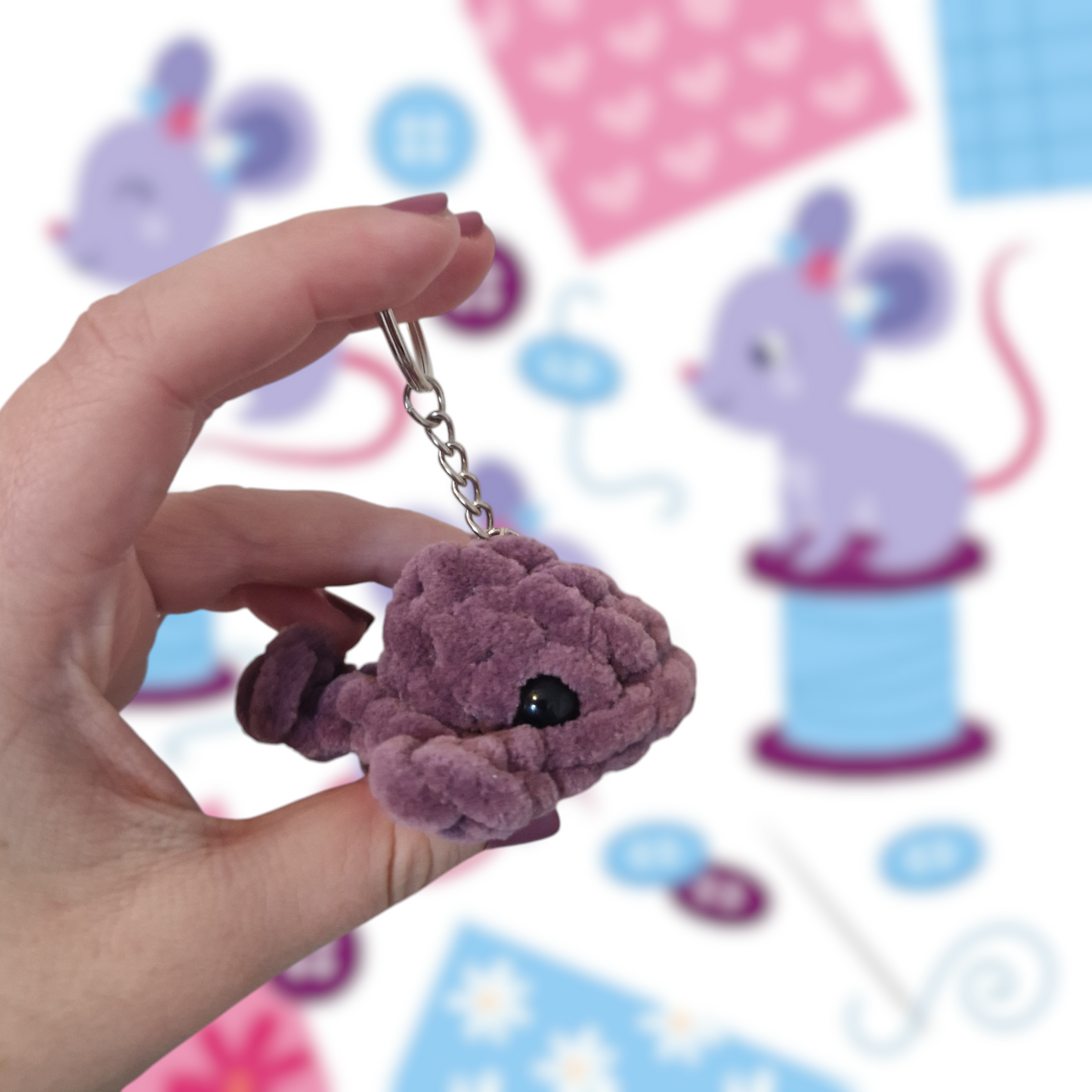 Dusky purple mini whale chenille yarn crochet keyring