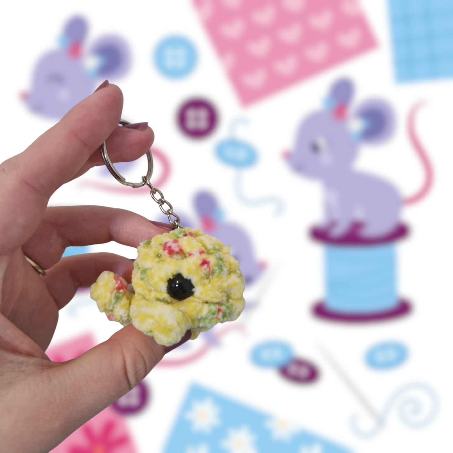 Yellow floral mini whale chenille yarn crochet keyring