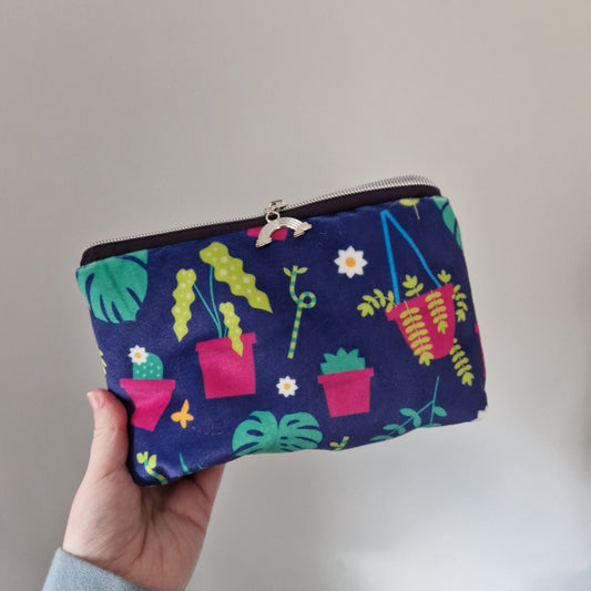 Plant themed lined velvet triangle cosmetic bag with matching zipper pull