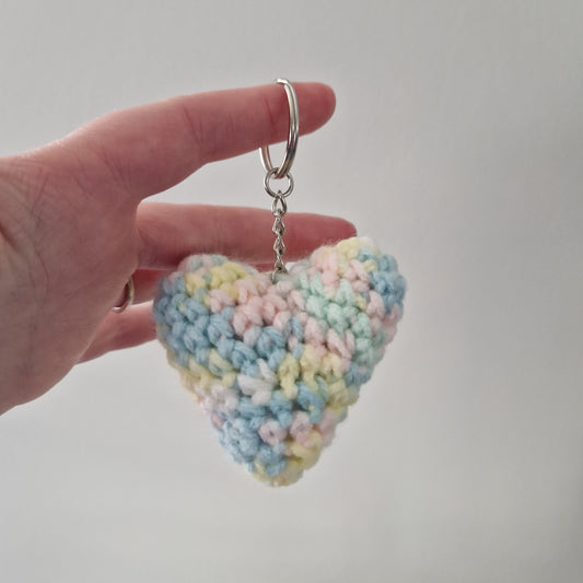 Pastel rainbow multicoloured heart acrylic yarn crochet keyring