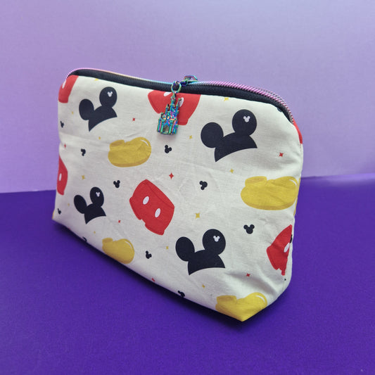 Oh Boy Mouse lined triangle cosmetic bag with castle zipper pull