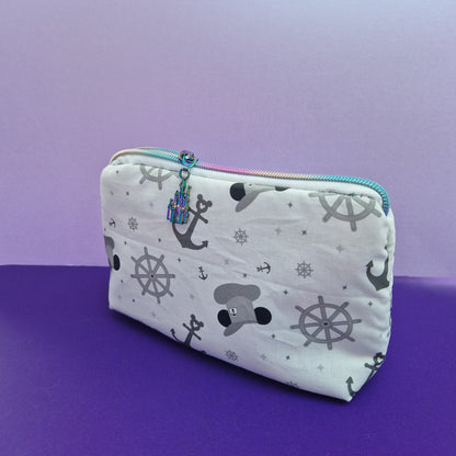 Oh Steamboat Mouse lined triangle cosmetic bag with castle zipper pull