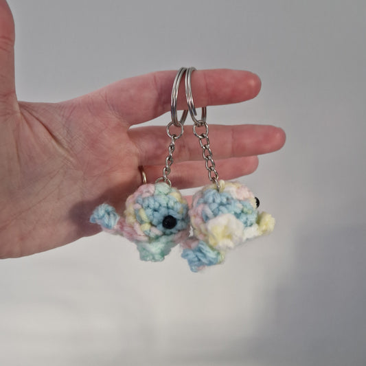 Pastel rainbow multicoloured mini whale acrylic yarn crochet keyring