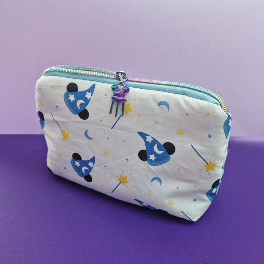 Oh Sorcerer Mouse lined triangle cosmetic bag with water tower zipper pull