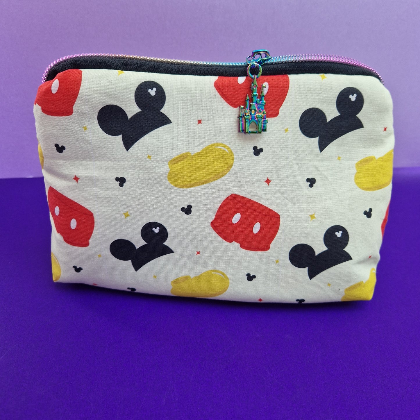 Oh Boy Mouse lined triangle cosmetic bag with castle zipper pull