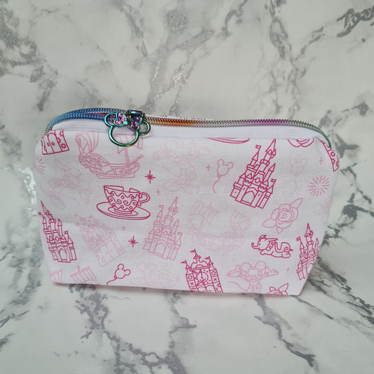 Fantasyland Pink lined triangle cosmetic bag with bow mouse zipper pull