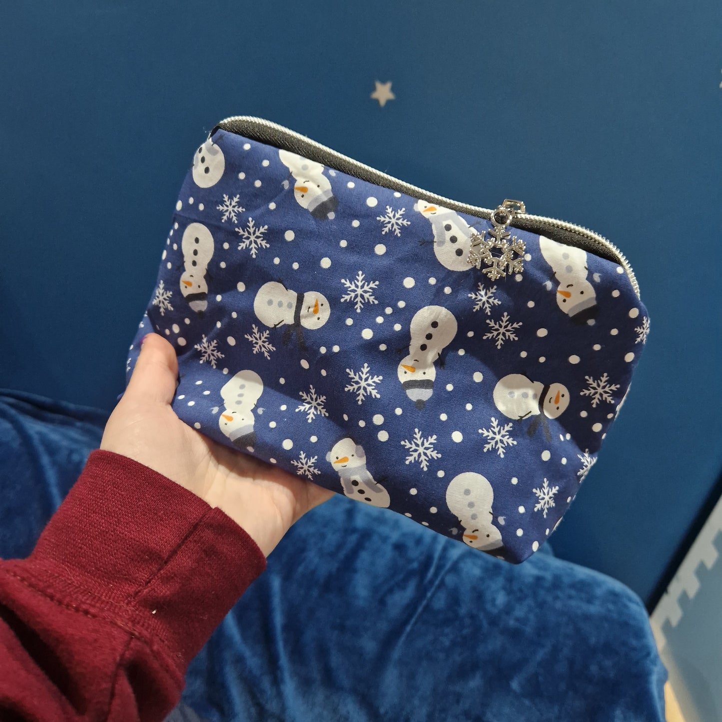 Dark Blue Snowman lined triangle cosmetic bag with zipper