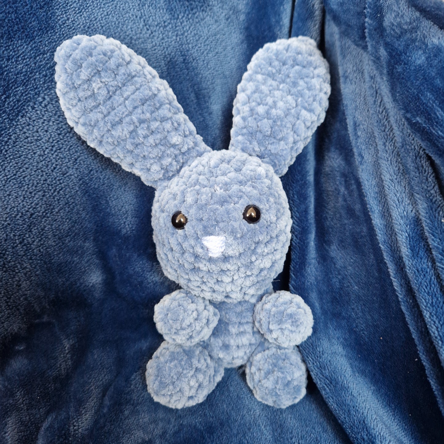 Chunky, super soft, blue crochet bunny