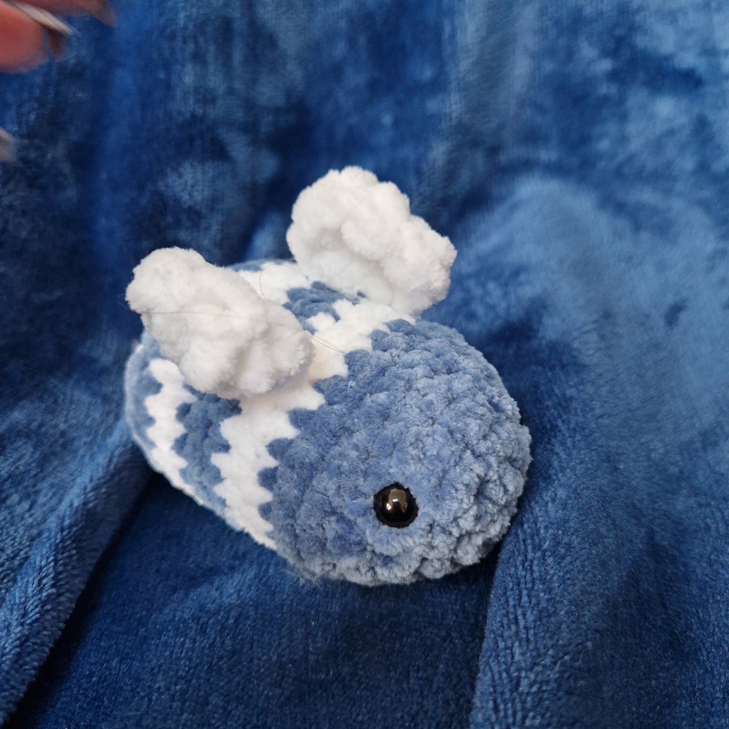 Chunky, super soft, white and blue Crochet bumble bee