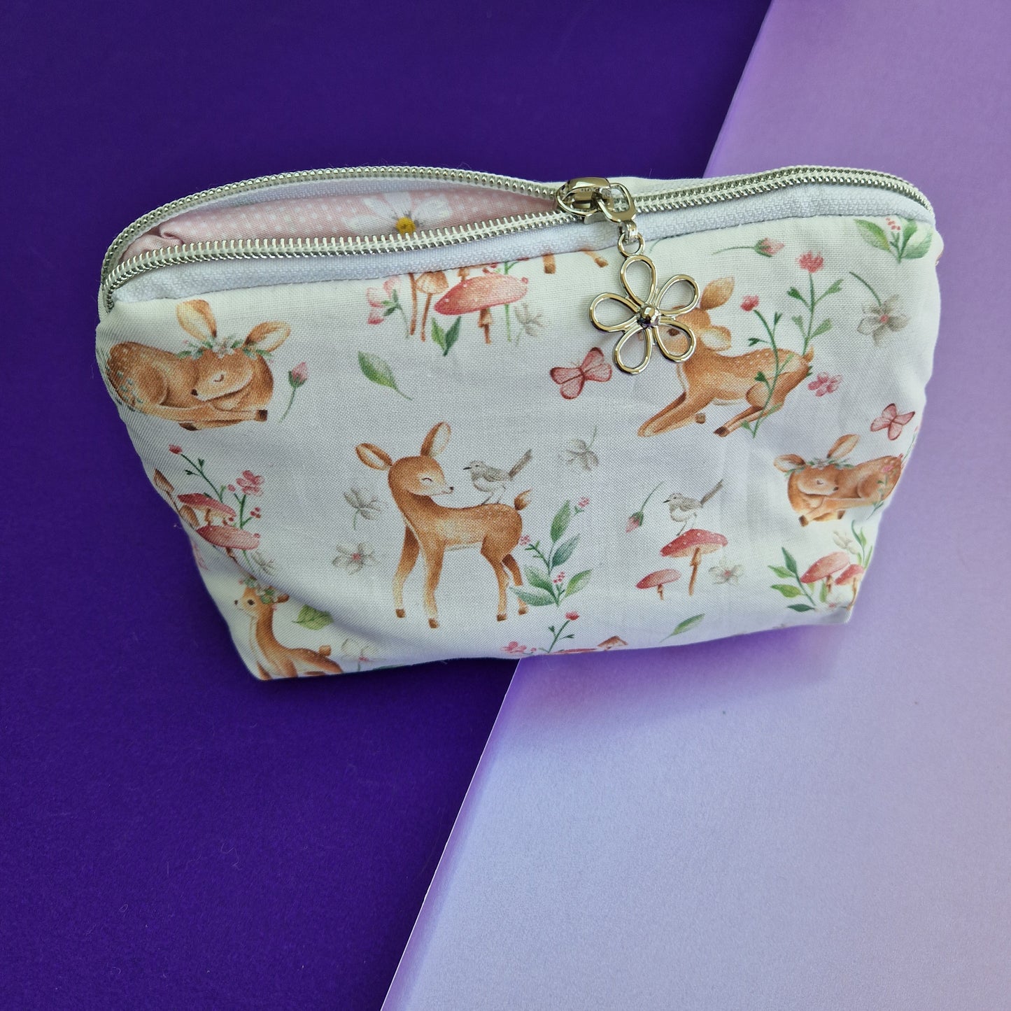 Woodland Deer lined triangle cosmetic bag with zipper